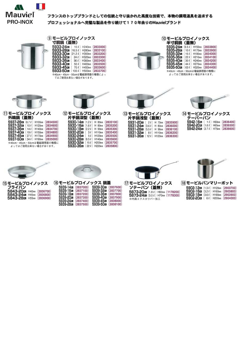 モービル　プロイノックス　200V電磁調理器対応　SUS18-10寸胴鍋、外輪鍋、片手鍋 フライパン、テーパーパン、ソテーパン